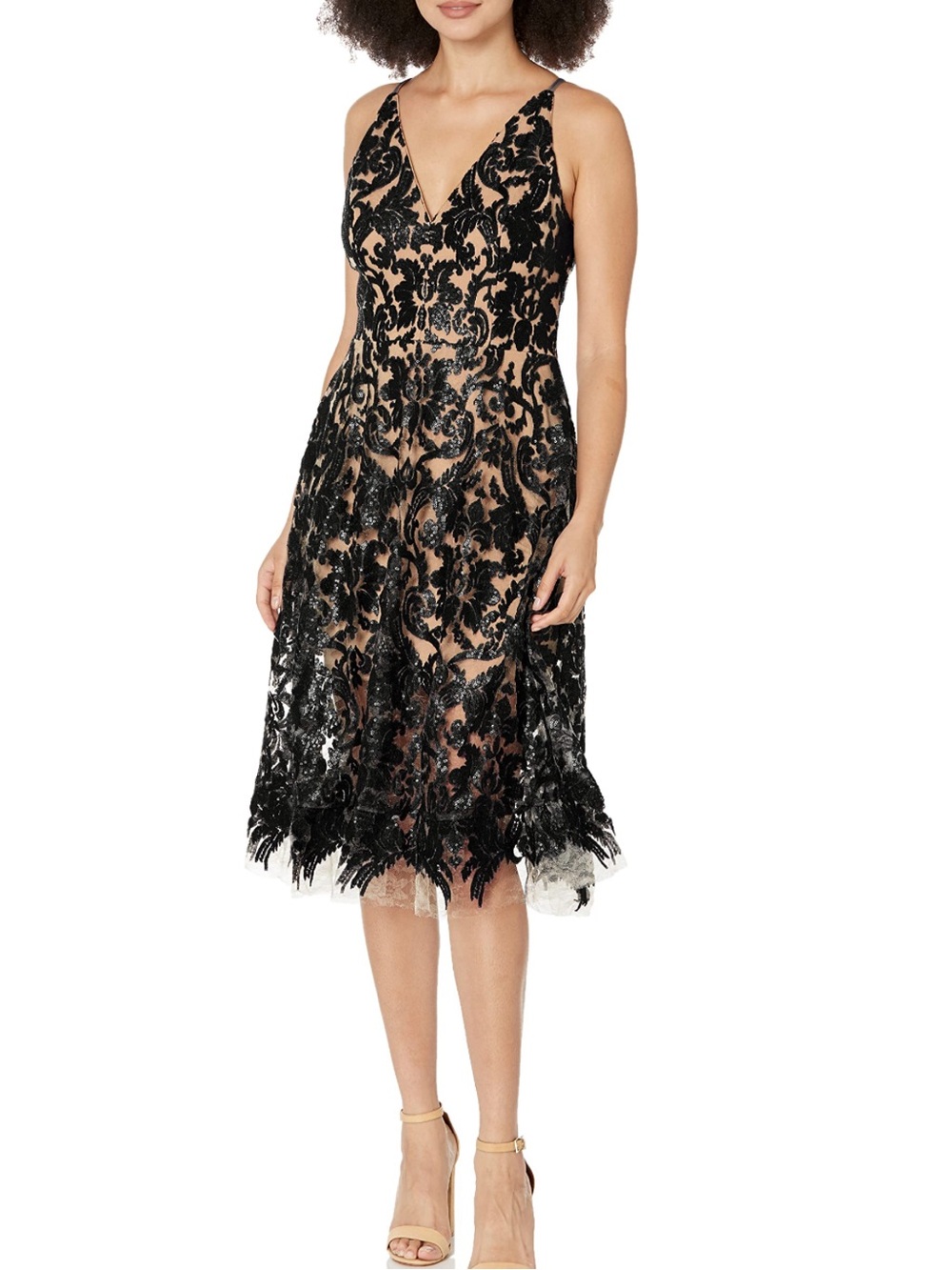 NWT Dress The Population Blair Plunging Fit And Flare Midi Dress, Black/Nude